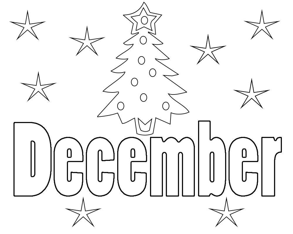 Coloring page with large inscription December and Christmas tree